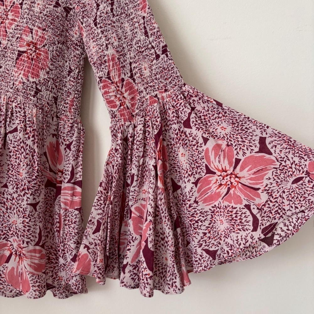 ByTiMo Pink Floral Smocked Blouse Small Summer Boho Luxe - Picture 4 of 9